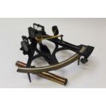 Brass sextant with silvered scale and black crackle finish with eyepiece,