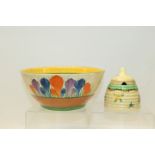 Clarice Cliff Crocus pattern bowl, together with a Pompadour pattern preserve pot and cover,