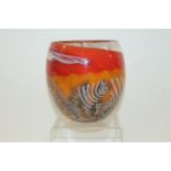 Stylish art glass vase with bands of red and sand coloured decoration overlaid with opaque