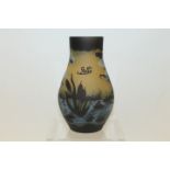 After Gallé, cameo glass vase decorated with Iris, Water Lily and Dragon decoration, 19.5cm high