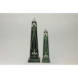 Jill Laurimore, studio pottery obelisk with white incised Art Nouveau-style decoration on green