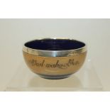 Royal Doulton stoneware bowl with silver mount and blue glazed interior, motto to exterior 'Meat