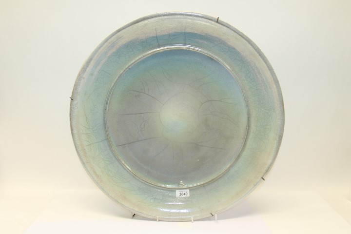 Large studio pottery charger with blue lustre crackle glaze, signed - J. D., 57cm diameter CONDITION - Image 4 of 4