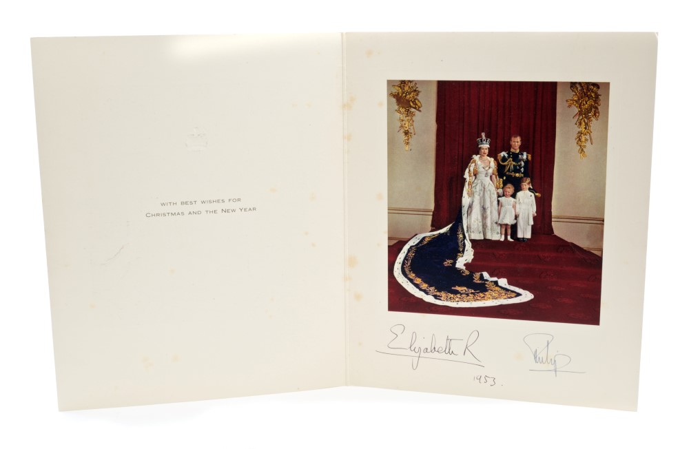 HM Queen Elizabeth II and The Duke of Edinburgh - signed 1953 Christmas card with gilt embossed