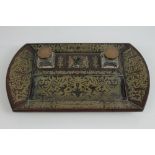 Early 19th century rosewood and brass inlaid desk stand of rounded rectangular form,