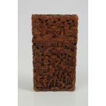 19th century Canton carved sandalwood card case typically carved in high relief with figures and