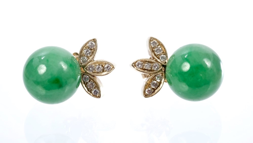 Pair Chinese jade and diamond earrings,