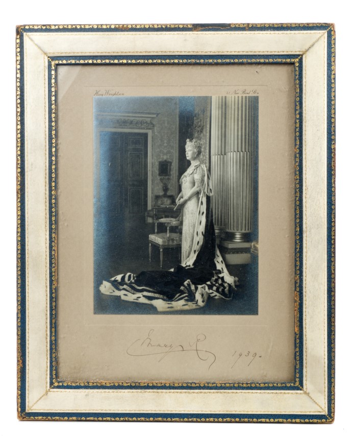 HM Queen Mary - fine signed Royal Presentation portrait photograph of The Queen wearing State robes