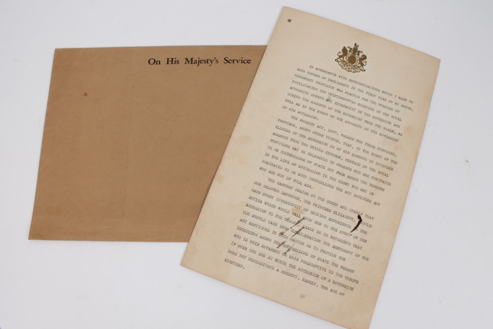 HM King George VI - fascinating Wartime signed official two-page document with gilt embossed Royal - Image 3 of 3