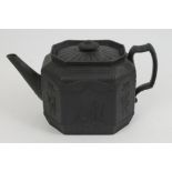 Early 19th century black basalt teapot and cover by Keeling Toft & Co, of canted rectangular form,