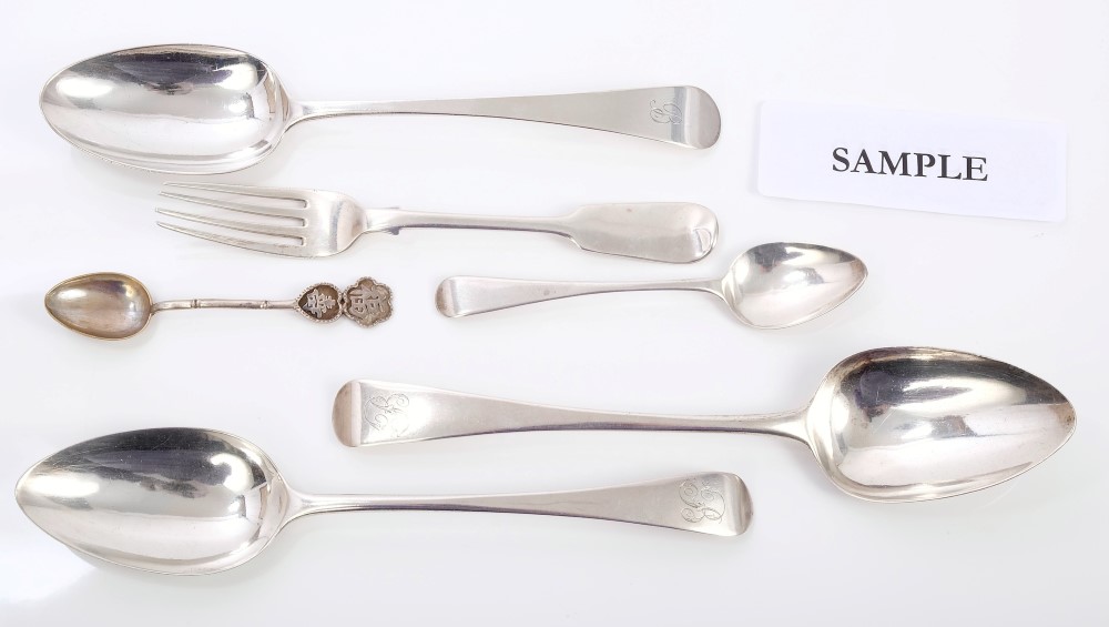 Large selection of Georgian and later silver flatware, including eight tablespoons,