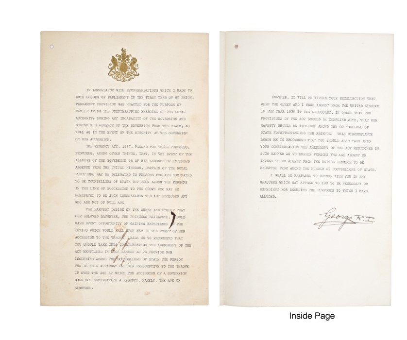 HM King George VI - fascinating Wartime signed official two-page document with gilt embossed Royal