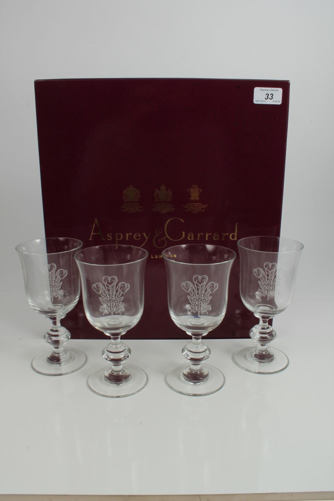 HRH The Prince of Wales - four Asprey & Garrard Presentation glass goblets with etched Prince of