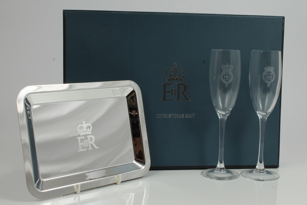 HM Queen Elizabeth II - Presentation pair champagne flutes and plated tray with engraved Royal