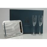 HM Queen Elizabeth II - Presentation pair champagne flutes and plated tray with engraved Royal