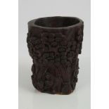 19th century Chinese carved wooden brush pot of tapering cylindrical form,