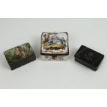 Antique French enamel lidded box of square cushion form, with hinged cover,