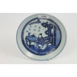 Chinese blue and white saucer dish decorated with a seated scholar in an interior six character