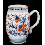 18th century Chinese Imari tankard of swollen cylindrical form, the strap handle with bulb terminal,