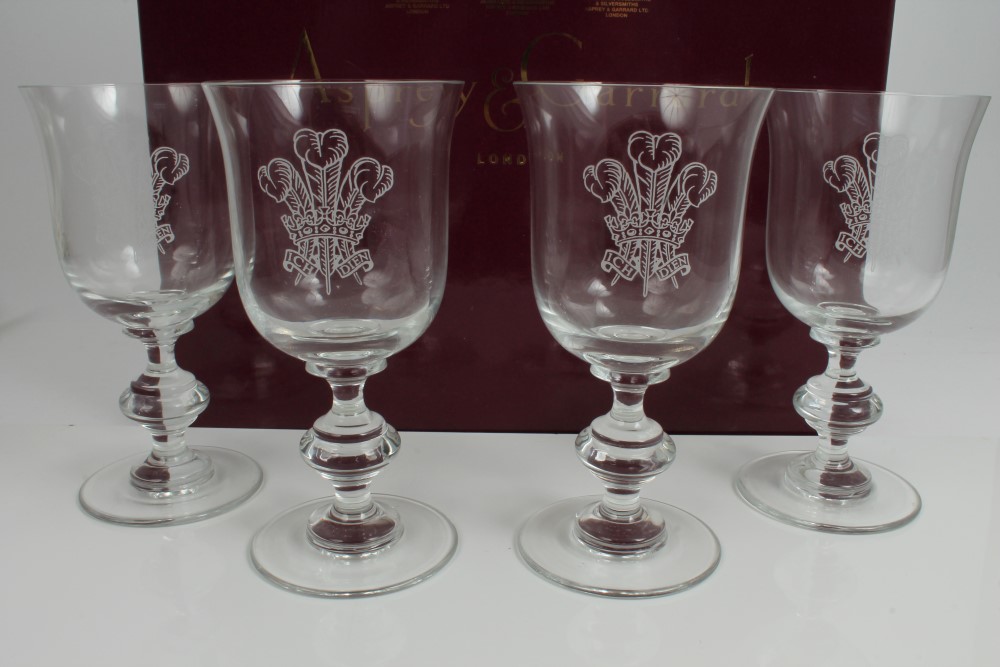 HRH The Prince of Wales - four Asprey & Garrard Presentation glass goblets with etched Prince of - Image 2 of 3