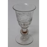 Victorian wine glass with faceted bell-shaped bowl engraved MB within wreath,