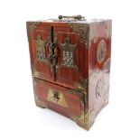 19th century Chinese padouk and tooled brass mounted miniature cabinet of box form, on bracket feet,