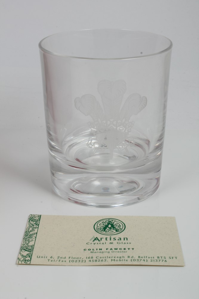 HRH The Prince of Wales - four Artisan crystal Presentation glass tumblers with etched Prince of