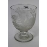 Large mid-19th century glass rummer the flared bowl on knopped stem on spread foot finely engraved