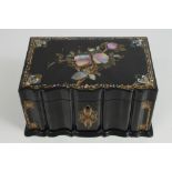 Victorian black papier mâché, abalone inlaid and gilt heightened tea caddy of rectangular box form,