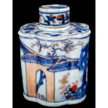 18th century Chinese Imari hexafoil form tea caddy and cover decorated with a continuous frieze of a