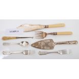 Selection of Georgian and Victorian silver fiddle pattern flatware and other items (various dates