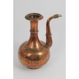 19th century Islamic tooled copper ewer with narrow neck, bulbous body and scrolled spout,