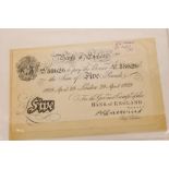 Banknote - Bank of England, London, 29th April 1929 - B. G. Catterns - white Five Pound Note.