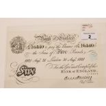 Banknote - Bank of England, London, 31st Aug. 1921 - E. M. Harvey - white Five Pound Note.