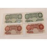 Banknotes - Bank of England - red-brown Ten Shilling Notes - Peppiatt (Oct. 1948).  Prefix 08 J.