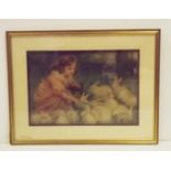 Victorian Gilt Framed Print-Girl & Rabbits