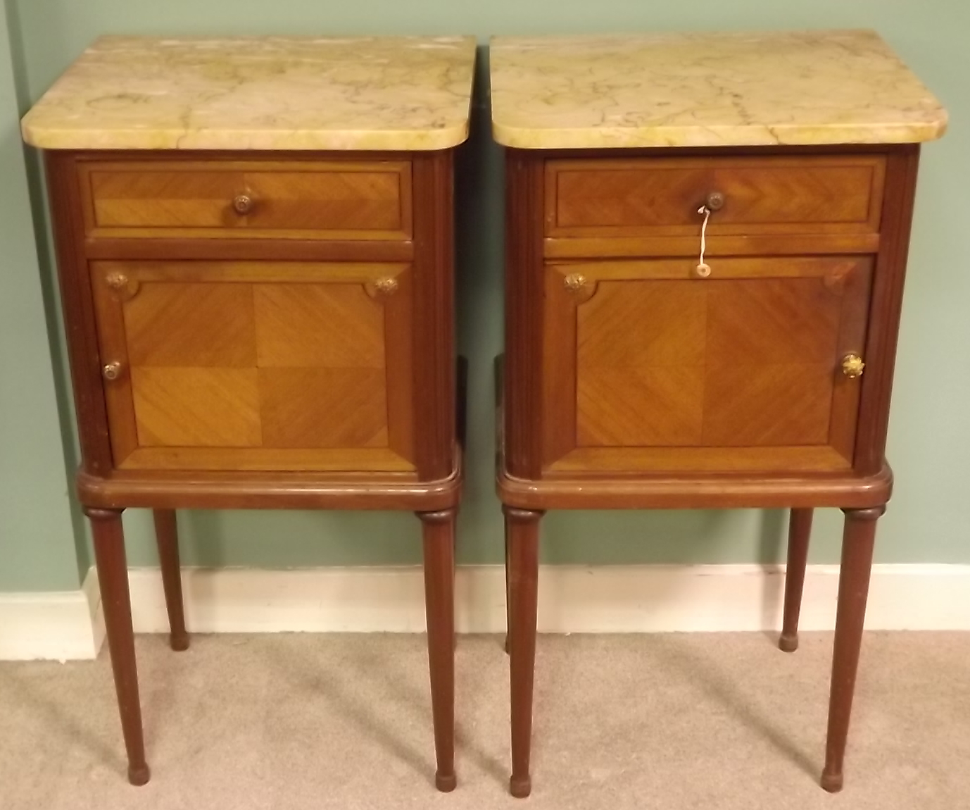 Pair of French Inlaid Kingwood Marble Top Night Stands