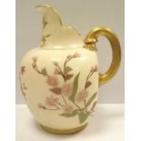 Royal Worster Hand Painted Ivory Background and Florally Decorated Jug with Brush Gold Handle 19cmH