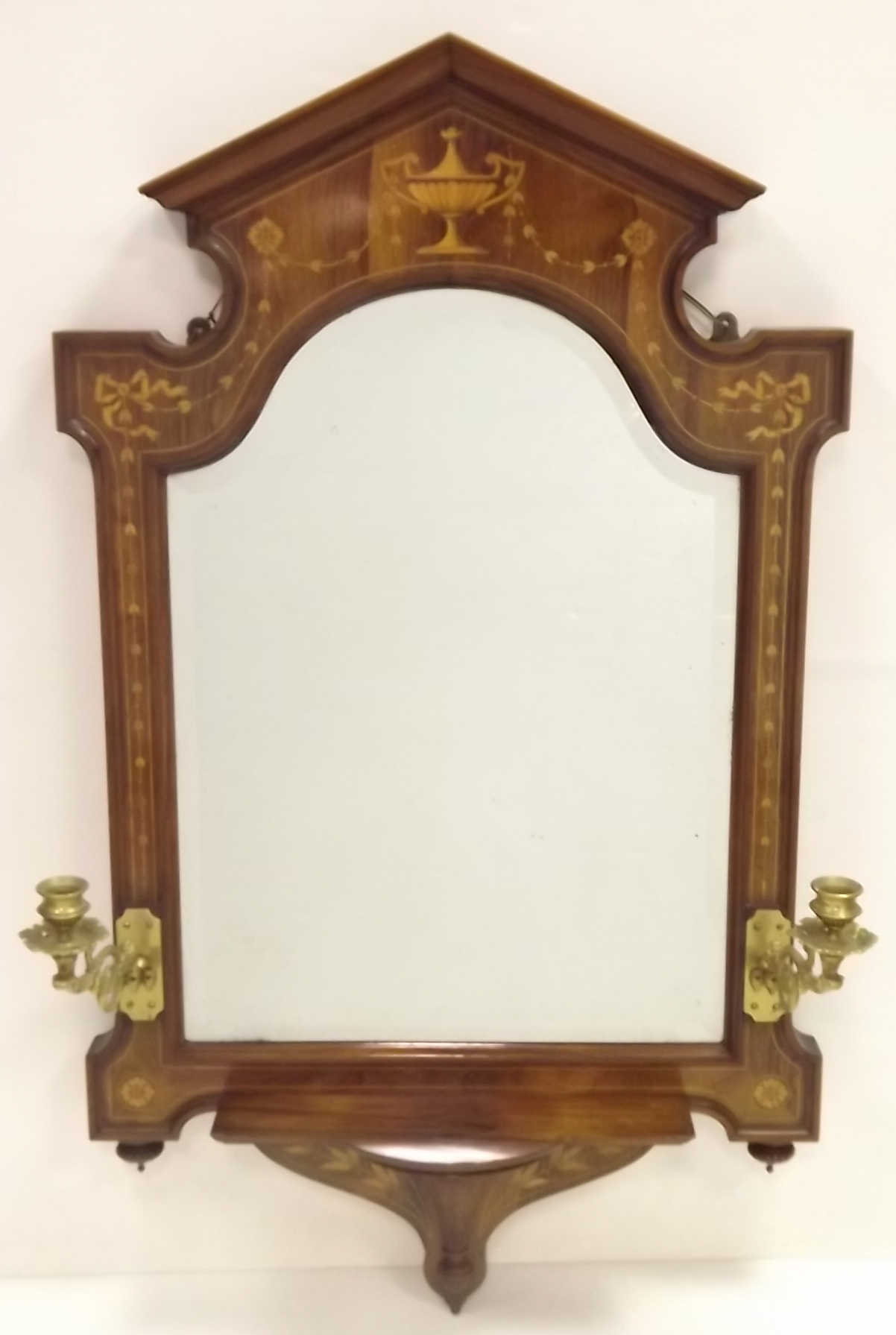 Quiet Rare Late Victorian Inlaid Rosewood Console Mirror with Matching Brass Candle Sticks