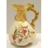Royal Worcester Hand Painted Ivory & Florally Decorated Jug with Gold Handle 12cmH c.