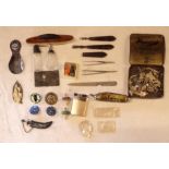 A quantity of collectable items, including two scent bottles with silver collars, penknife, lighter,
