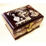 An Oriental hardwood jewellery box with mother-of-pearl decoration and brass catch