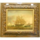 An ornate framed oil painting on wooden panel, depicting an early 19th Century frigate and other