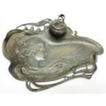 A Art Nouveau WMF pewter inkstand with glass inkwell - lid a/f