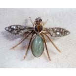 An unmarked gold insect pattern brooch, with old cut diamond set wings, tiger's-eye and cabochon