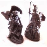 A pair of 16" spelter figures of Teutonic huntsmen with kill, one being attacked by an eagle