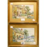 Bunford Joyce: a pair of small gilt framed watercolours depicting cottages with summer gardens -