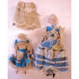 Two 19th Century miniature bisque headed dolls in Regency style blue and white dress, one 5 1/2",