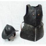 A reproduction morion type pot helmet, armour chest plate with medial ridge, and back and lap