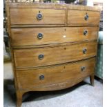 A 3' 5" 19th Century ebony strung mahogany bow front chest of two short and three long graduated